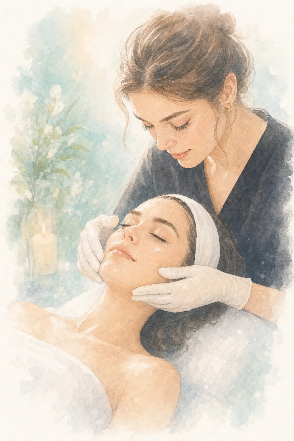 Esthetician gently assessing a client's clear, calm skin