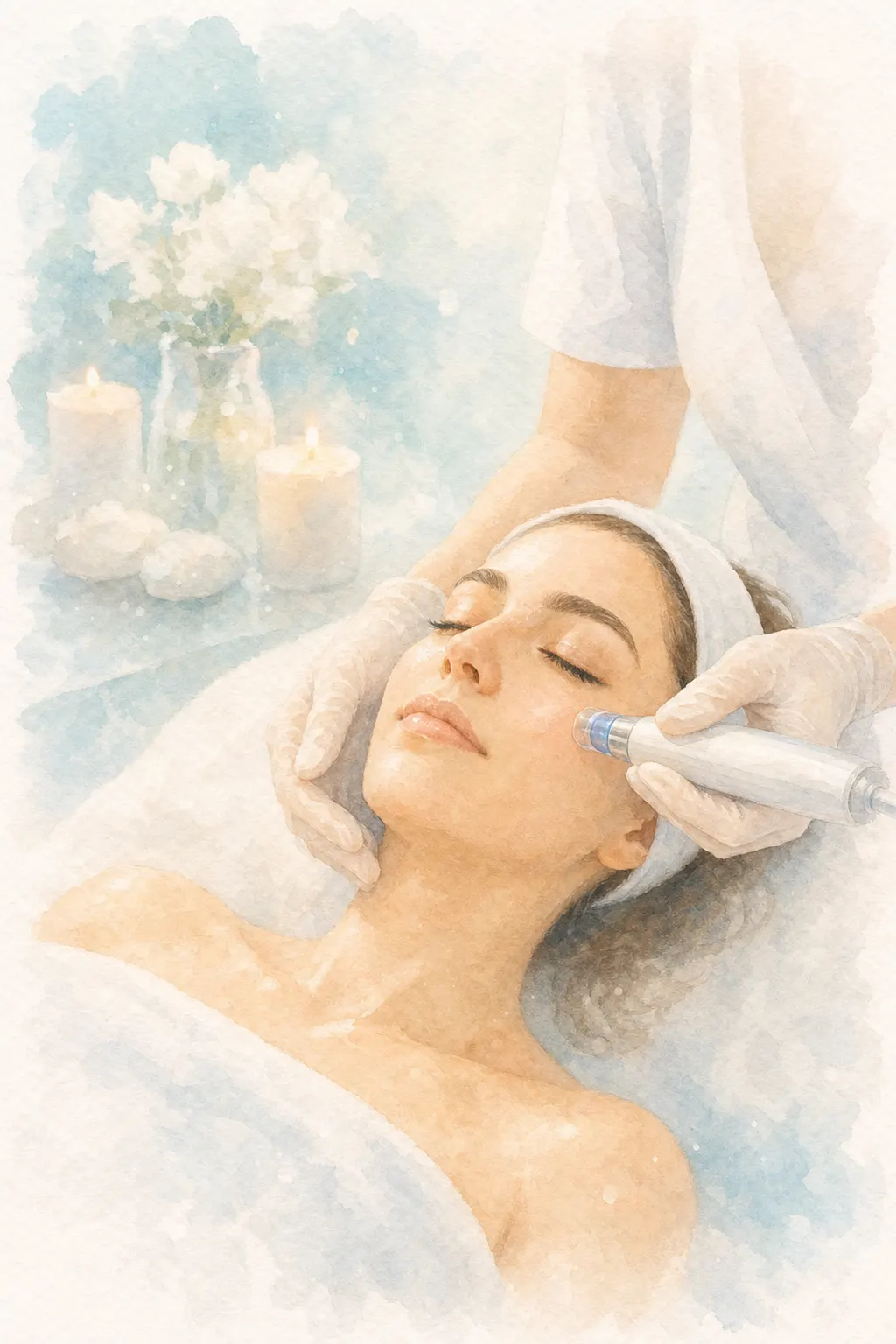 Diamond-tip microdermabrasion wand gliding across glowing skin