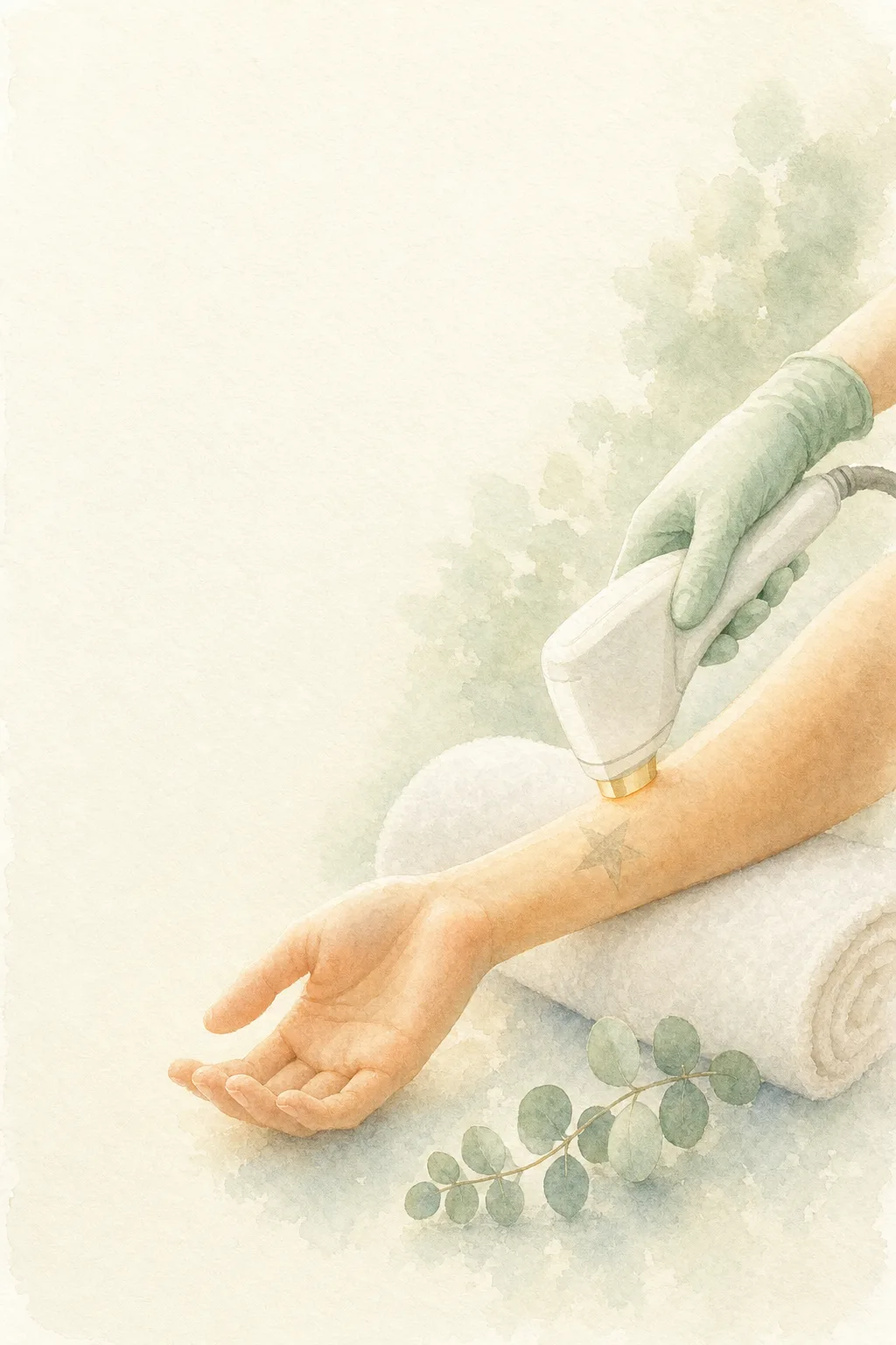Watercolor illustration of a laser tattoo removal session — gloved hand holding a laser handpiece over a forearm with a fading tattoo